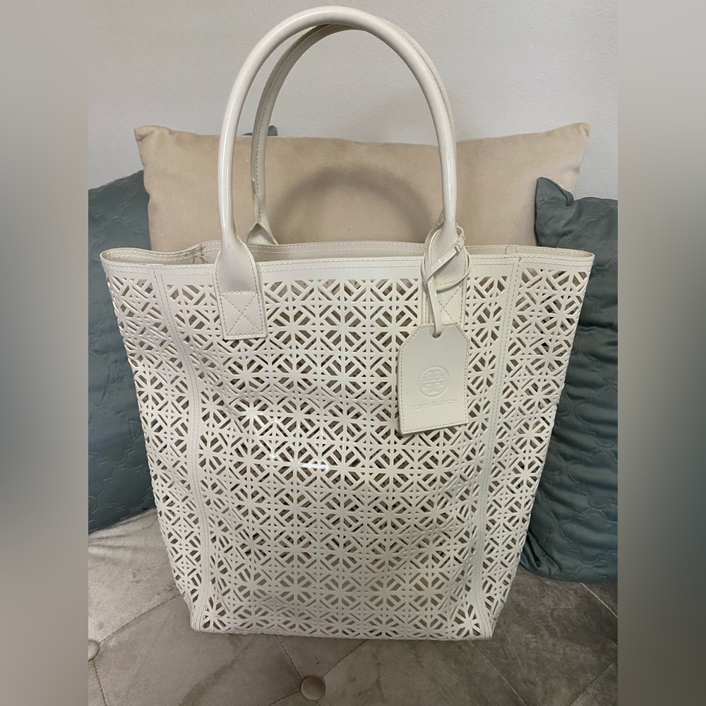 Tory Burch patent leather laser cut tote